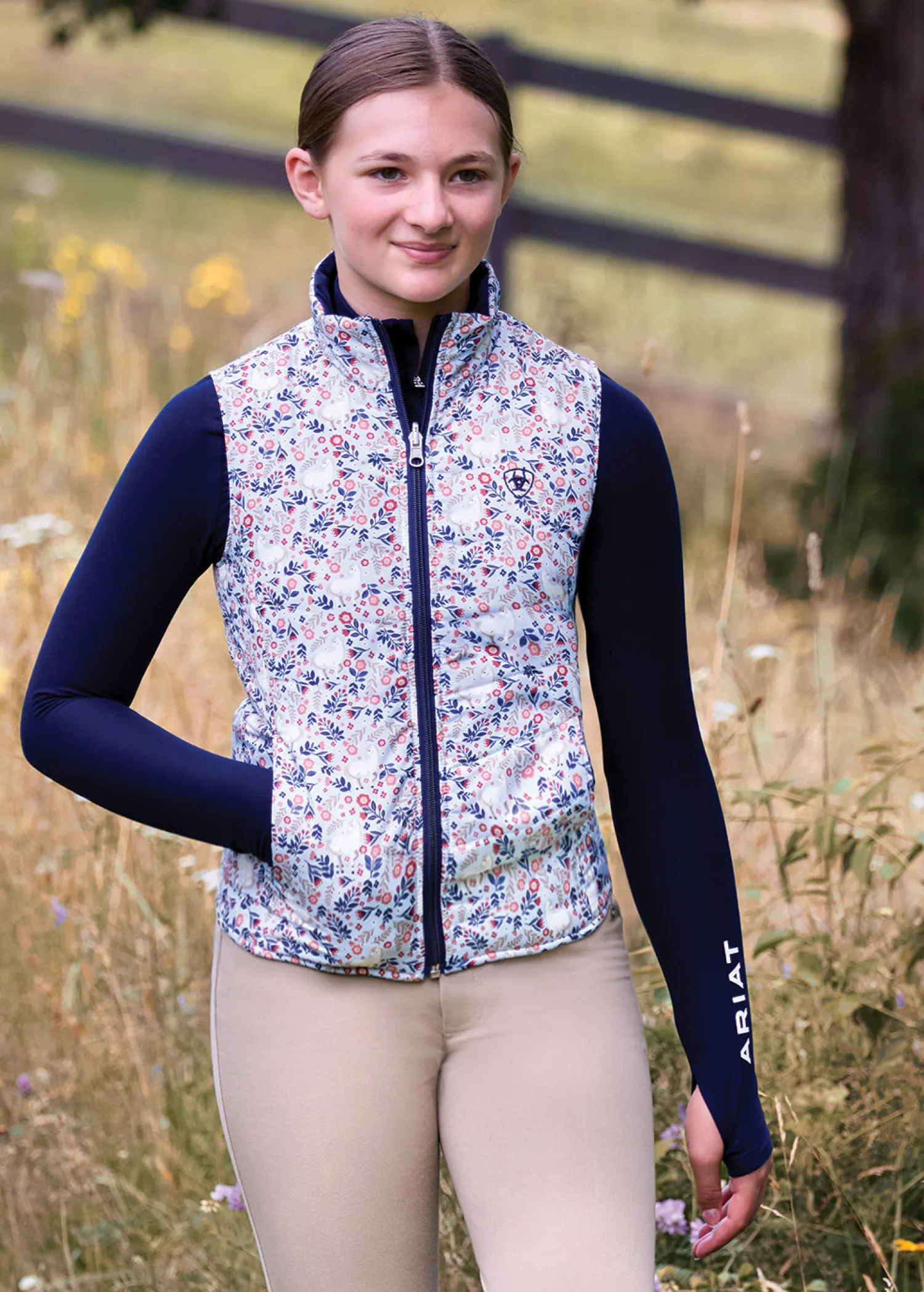 ARIAT-APPAREL Ariat® Kids’ Bella Reversible Vest Posey Pony Print Hot
