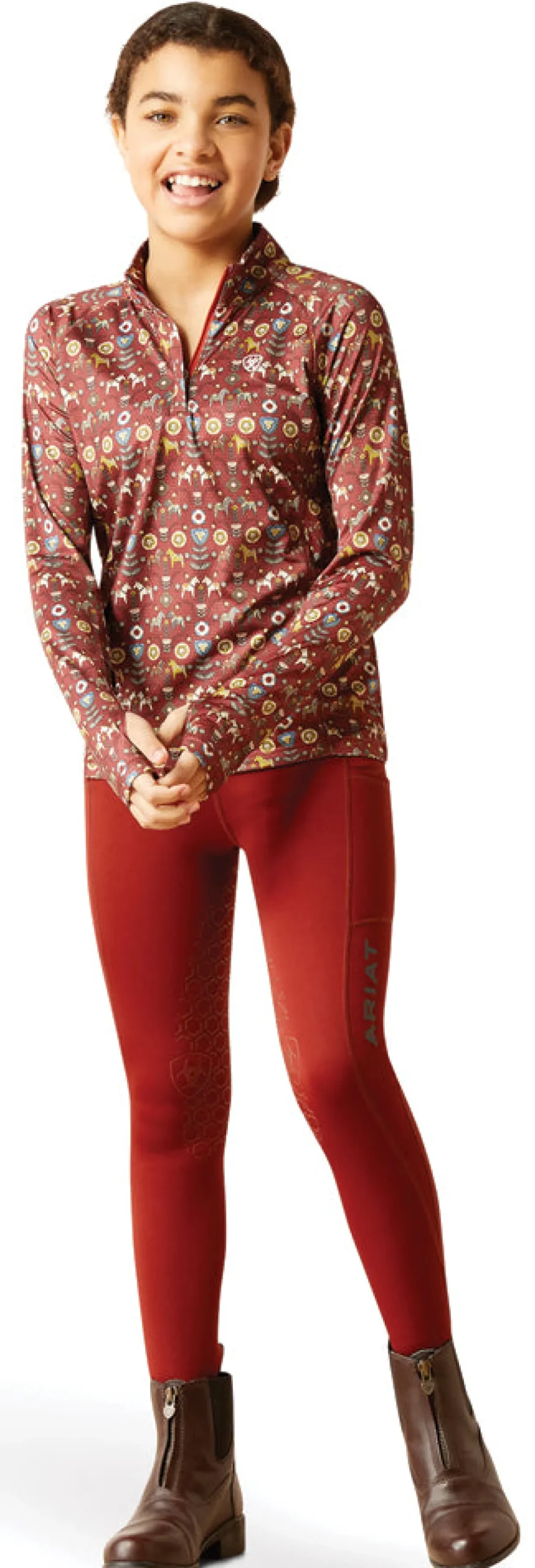 ARIAT-APPAREL Ariat® Kids’ Lowell Quarter-Zip Print Base Layer 2.0 Red Ochre Dala Horse Sale