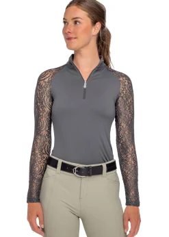 KASTEL DENMARK Ladies’ Quarter-Zip Floral Lace Long-Sleeve Shirt - "Sutton" Slate Clearance