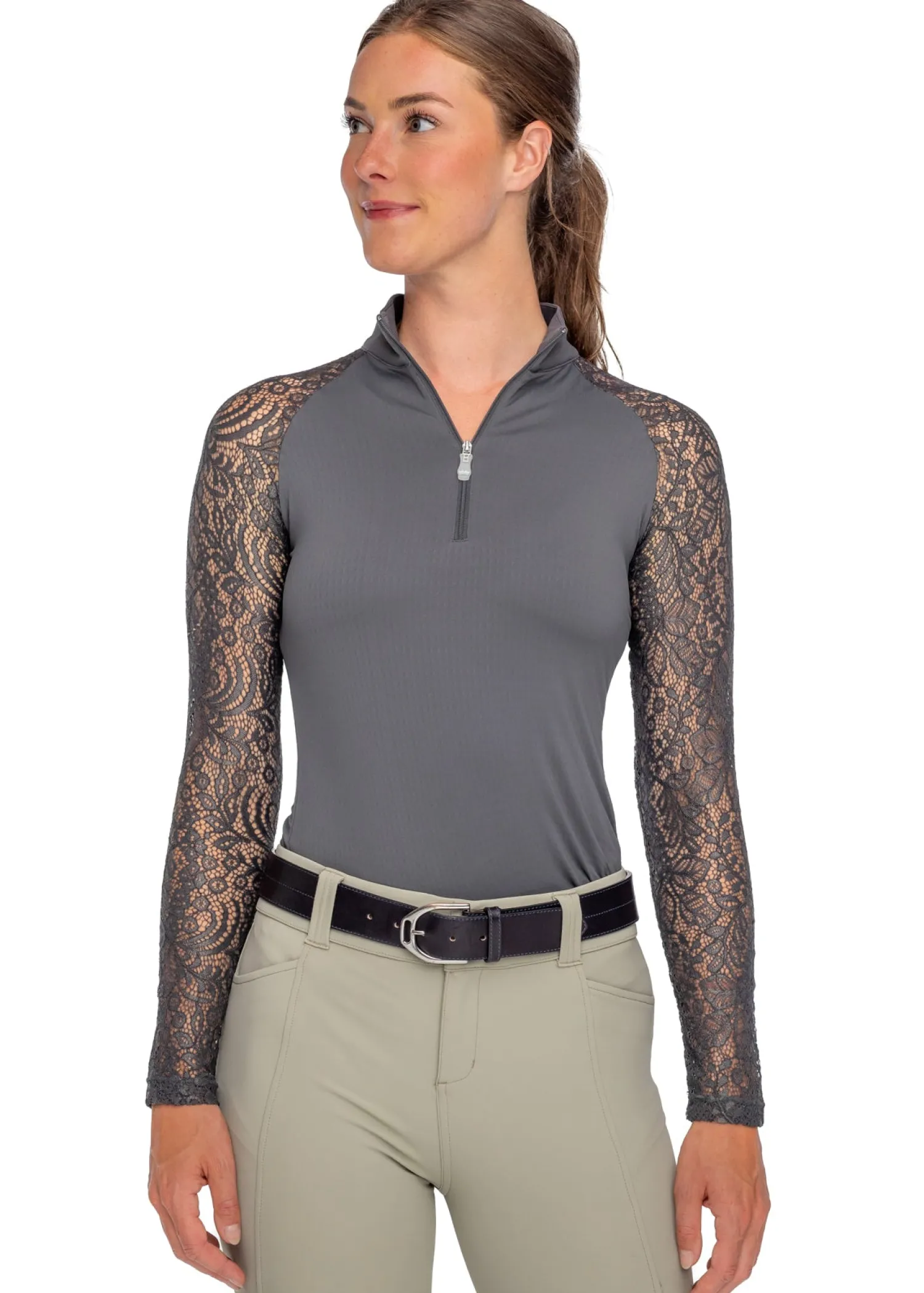 KASTEL DENMARK Ladies’ Quarter-Zip Floral Lace Long-Sleeve Shirt - "Sutton" Slate Clearance